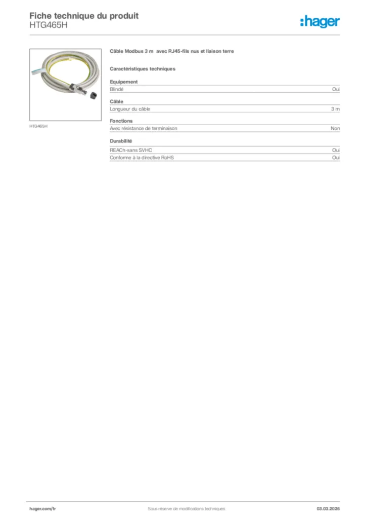 Image Hager Fiche technique du produit HTG465H | Hager France