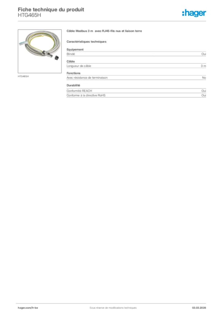 Image Hager Fiche technique du produit HTG465H | Hager Belgique