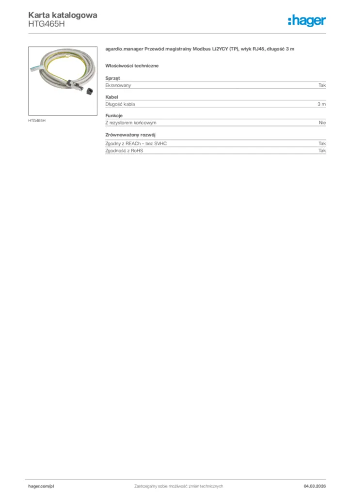 Zdjęcie Hager Karta katalogowa HTG465H | Hager Polska