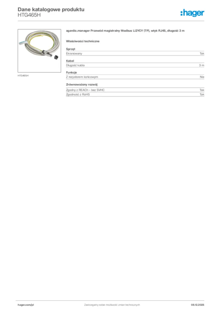 Zdjęcie Hager Karta katalogowa HTG465H | Hager Polska