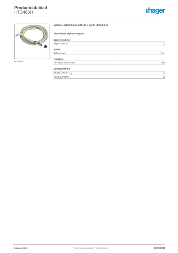 Afbeelding Hager Productdatablad HTG465H | Hager Nederland