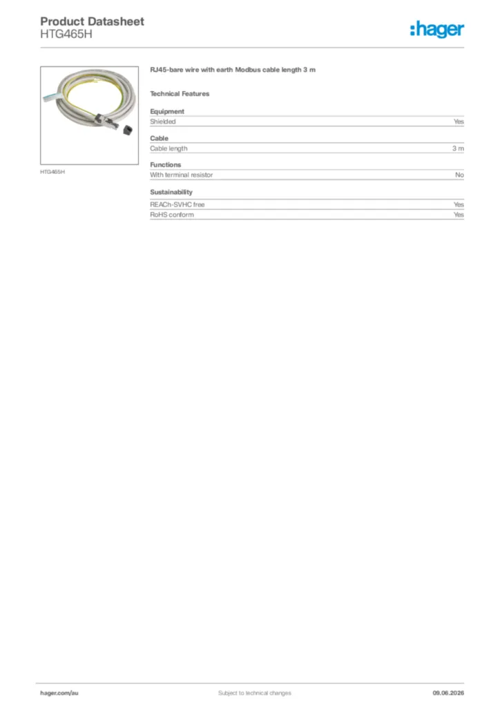 Image Hager Product data sheet HTG465H  | Hager Australia