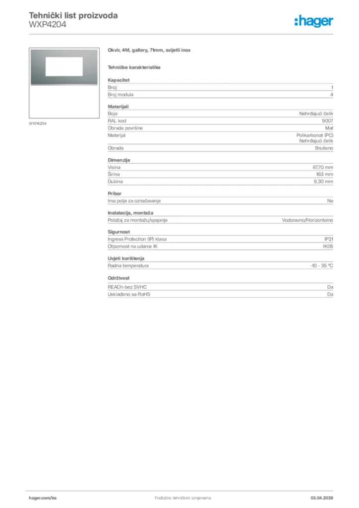 Slika Hager Tehnički list proizvoda WXP4204  | Hager