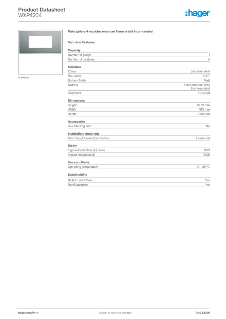 Image Hager Product data sheet WXP4204  | Hager