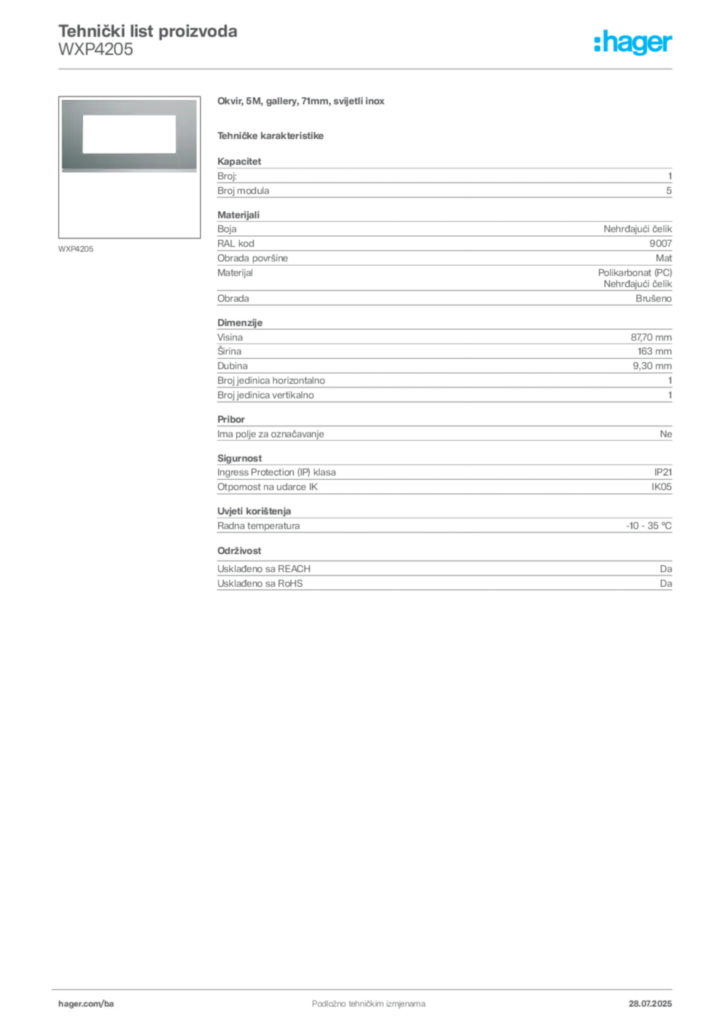 Slika Hager Product data sheet WXP4205  | Hager