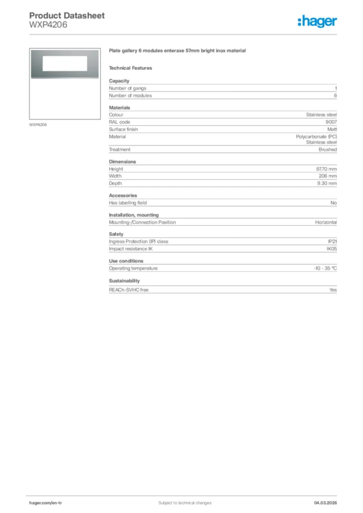 Image Hager Product data sheet WXP4206  | Hager