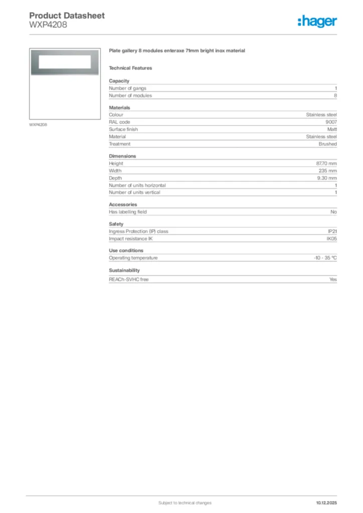 Image Hager Product data sheet WXP4208  | Hager Africa