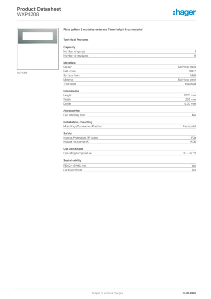 Image Hager Product data sheet WXP4208  | Hager Africa