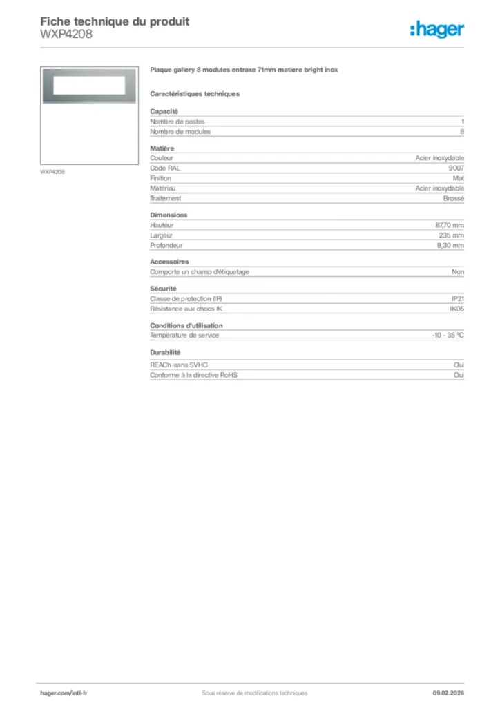 Image Hager Fiche technique du produit WXP4208 | Hager Afrique