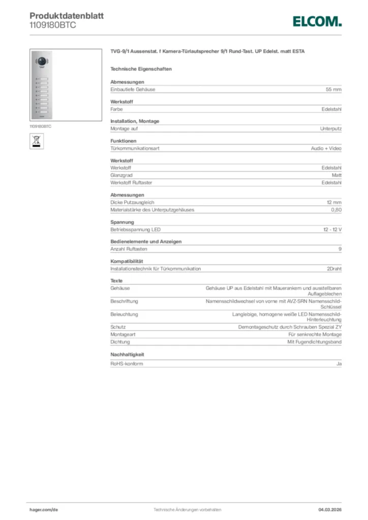 Bild Elcom Produktdatenblatt 1109180BTC | Hager Deutschland