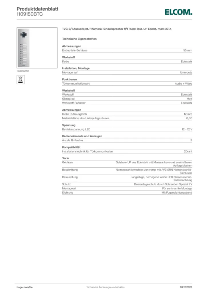 Bild Elcom Produktdatenblatt 1109180BTC | Hager Deutschland