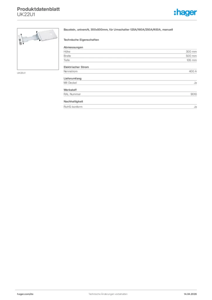 Bild Hager Produktdatenblatt UK22U1 | Hager Deutschland
