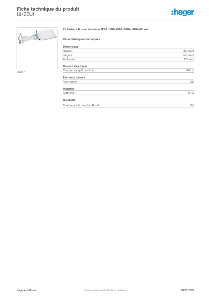 Image Hager Fiche technique du produit UK22U1 | Hager Belgique