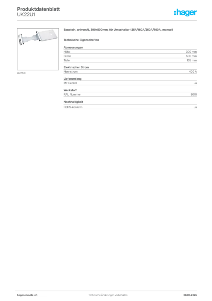 Bild Hager Produktdatenblatt UK22U1 | Hager Schweiz