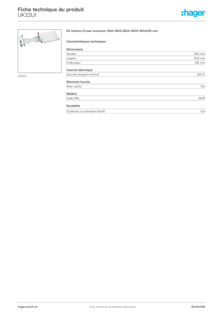 Image Hager Fiche technique du produit UK22U1 | Hager Suisse