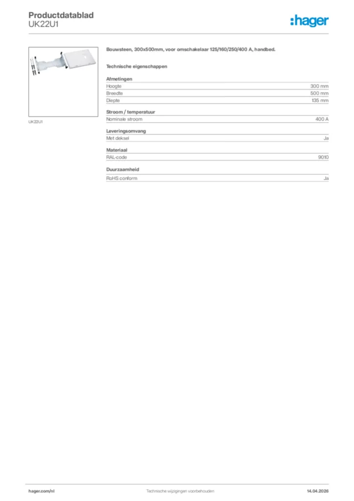 Afbeelding Hager Productdatablad UK22U1 | Hager Nederland