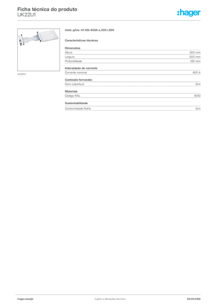 Imagem Hager Ficha técnica do produto UK22U1 | Hager Portugal