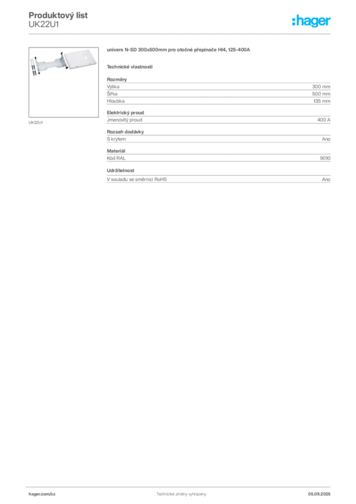 Obrázek Hager Produktový list UK22U1 | Hager