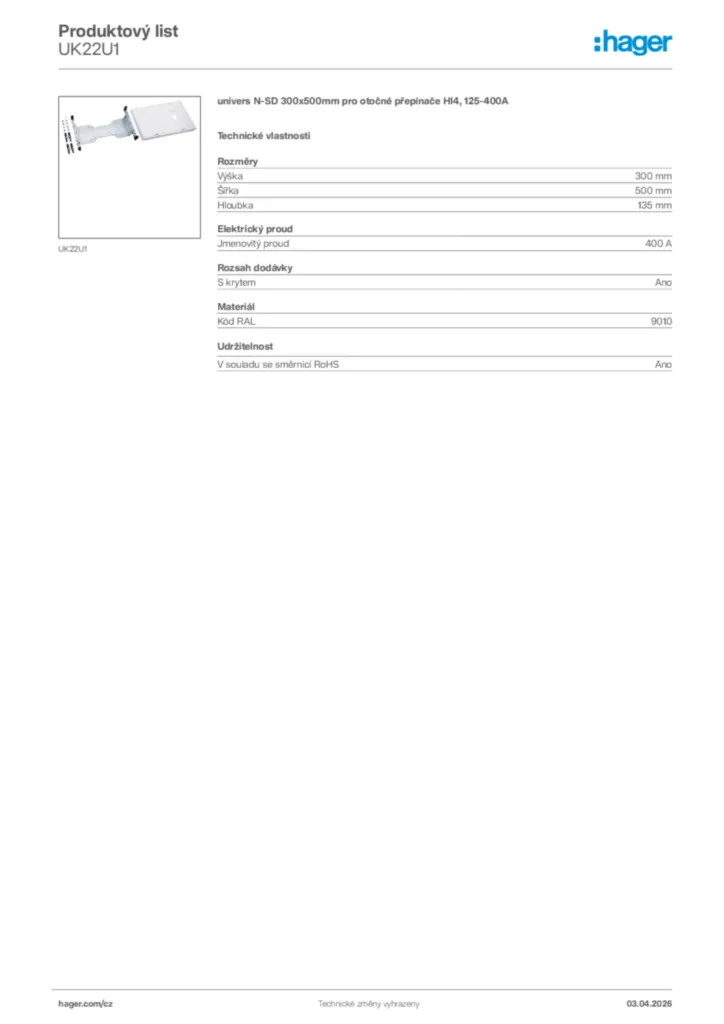 Obrázek Hager Product data sheet UK22U1 | Hager
