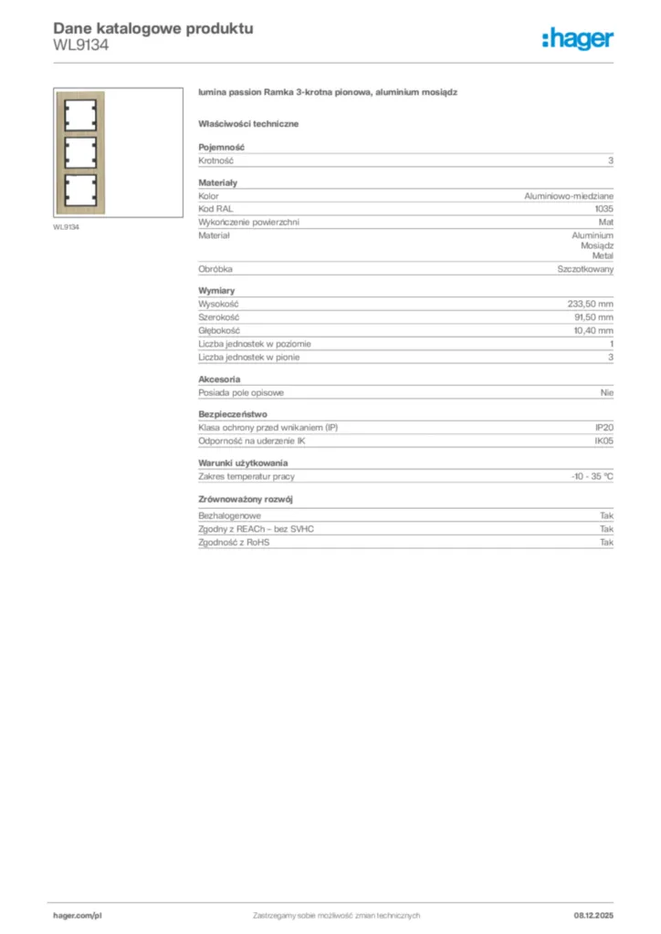 Zdjęcie Hager Karta katalogowa WL9134 | Hager Polska