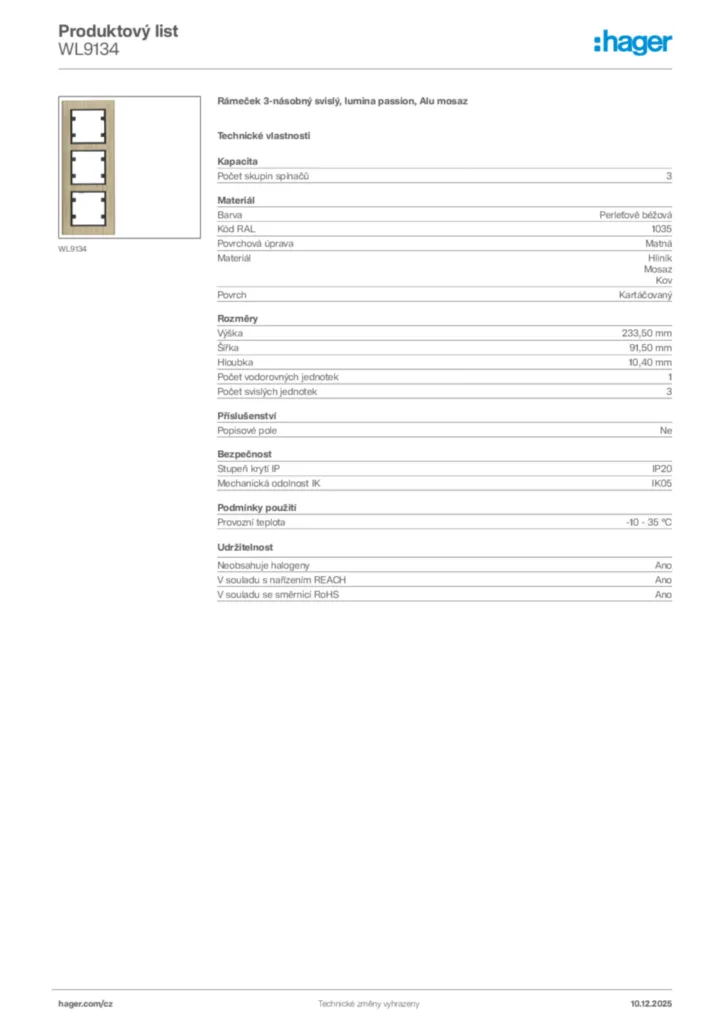 Obrázek Hager Produktový list WL9134 | Hager