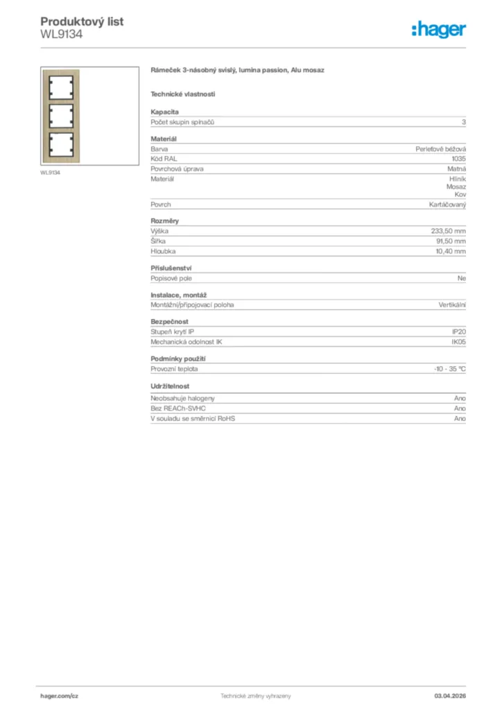 Obrázek Hager Product data sheet WL9134 | Hager