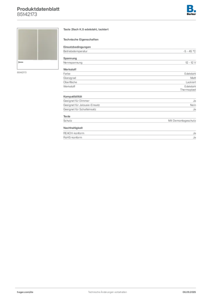 Bild Berker Produktdatenblatt 85142173 | Hager Deutschland