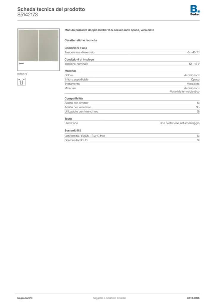 Immagine Berker Scheda tecnica del prodotto 85142173 | Hager Italia