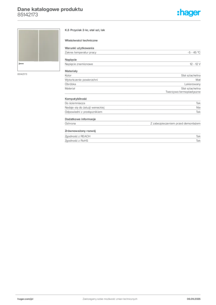 Zdjęcie Hager Dane katalogowe produktu 85142173 | Hager Polska