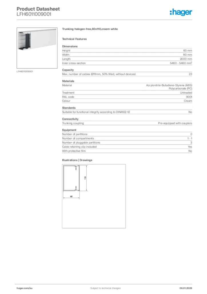 Image Hager Product data sheet LFH6011009001  | Hager Australia