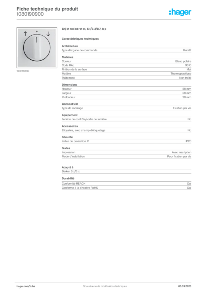 Image Hager Fiche technique du produit 1080190900 | Hager Belgique