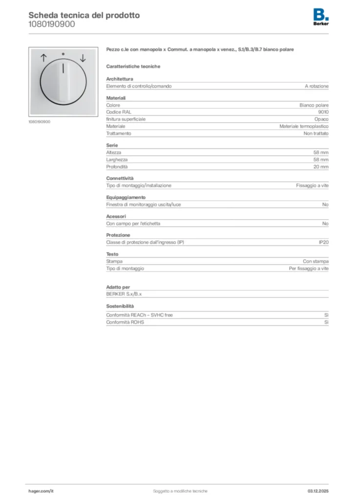 Immagine Berker Scheda tecnica del prodotto 1080190900 | Hager Italia