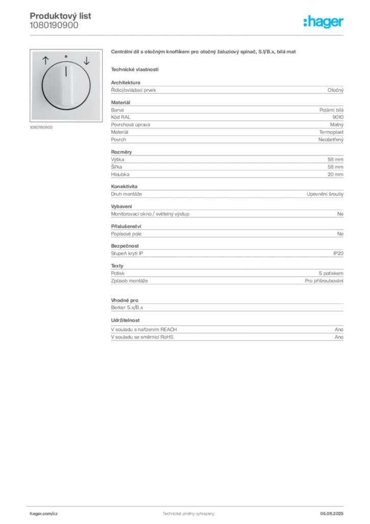 Obrázek Hager Produktový list 1080190900 | Hager