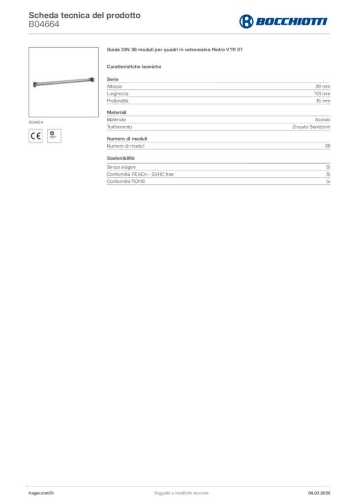Immagine Bocchiotti Scheda tecnica del prodotto B04664 | Hager Italia