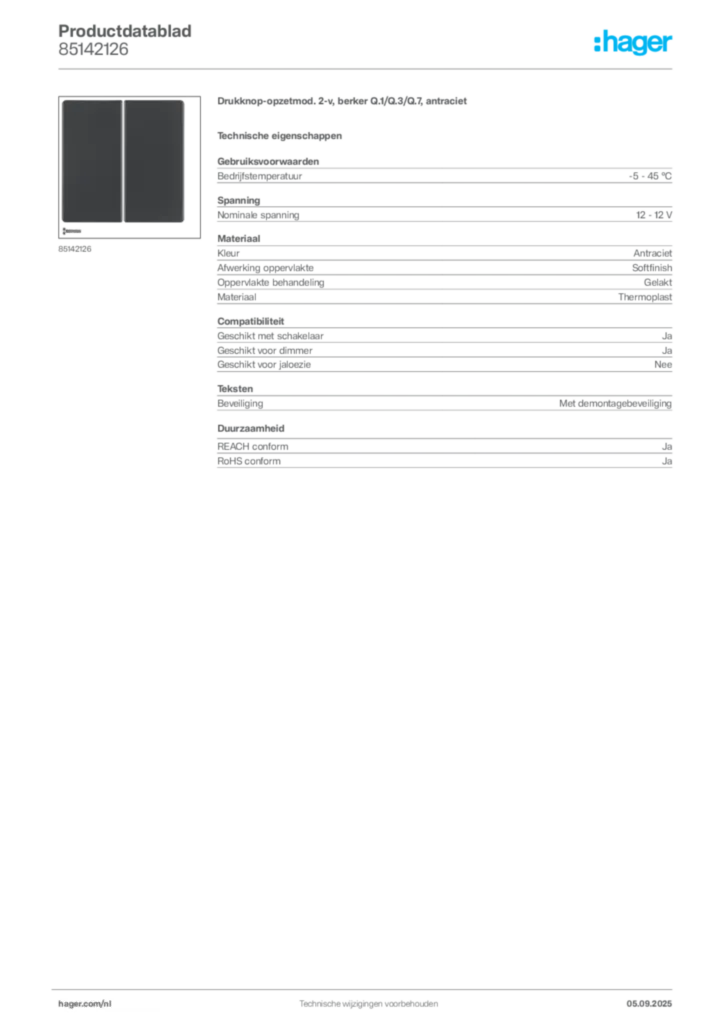 Afbeelding Hager Productdatablad 85142126 | Hager Nederland
