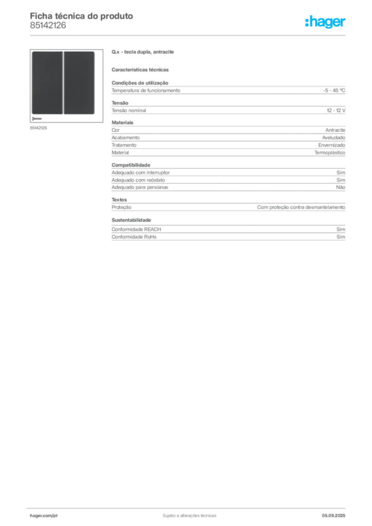 Imagem Hager Ficha técnica do produto 85142126 | Hager Portugal