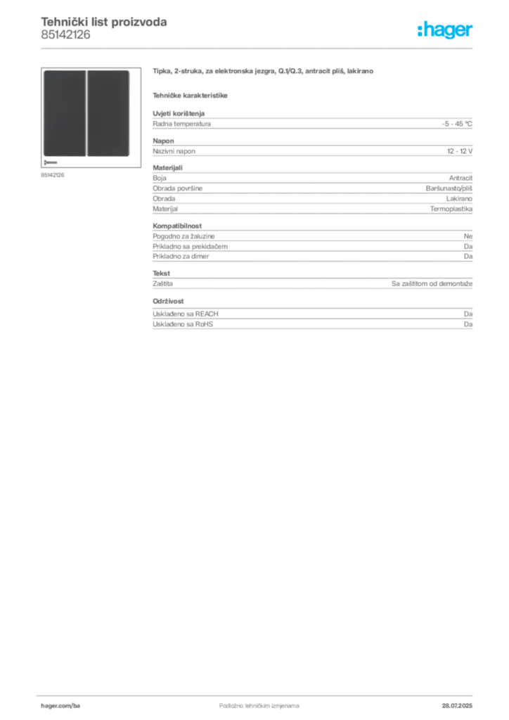 Slika Hager Product data sheet 85142126  | Hager
