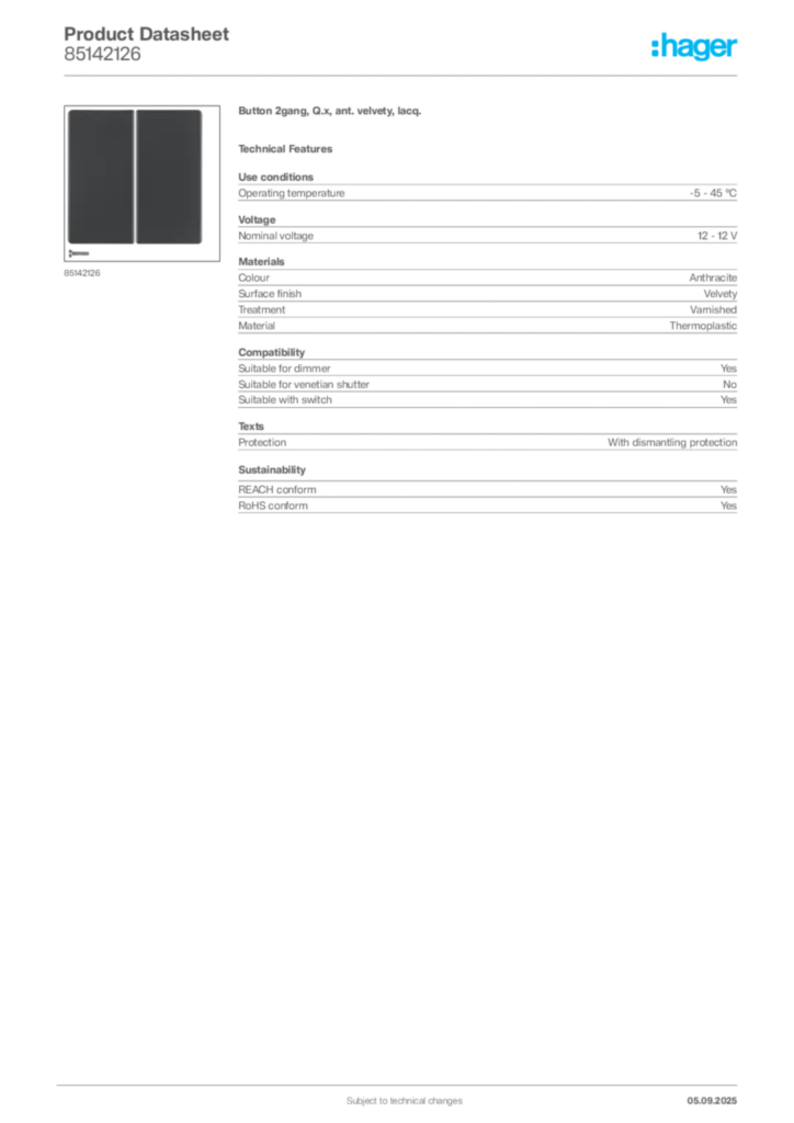 Image Hager Product data sheet 85142126  | Hager