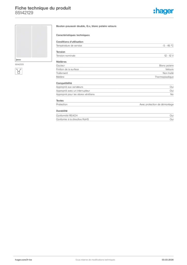 Image Hager Fiche technique du produit 85142129 | Hager Belgique