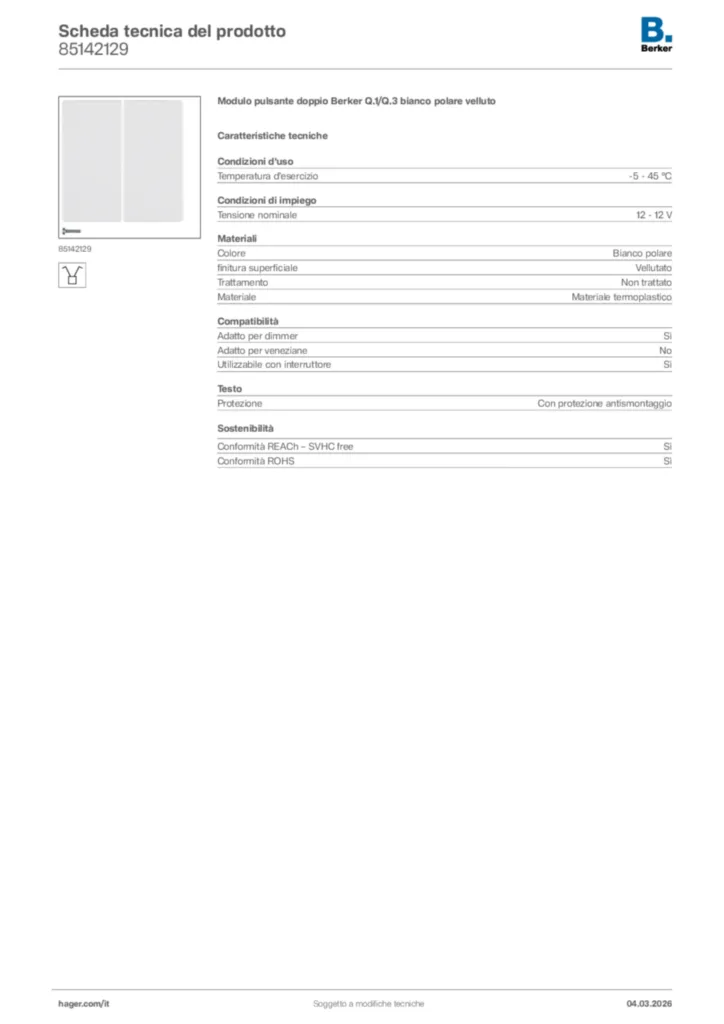 Immagine Berker Scheda tecnica del prodotto 85142129 | Hager Italia