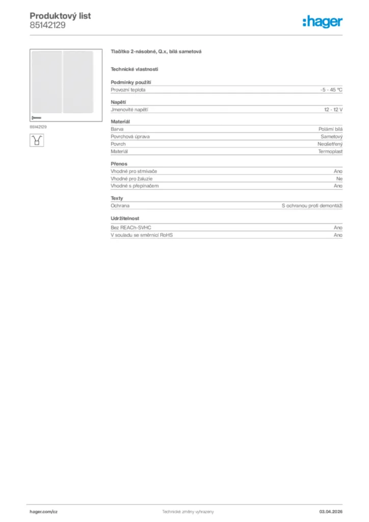 Obrázek Hager Product data sheet 85142129 | Hager