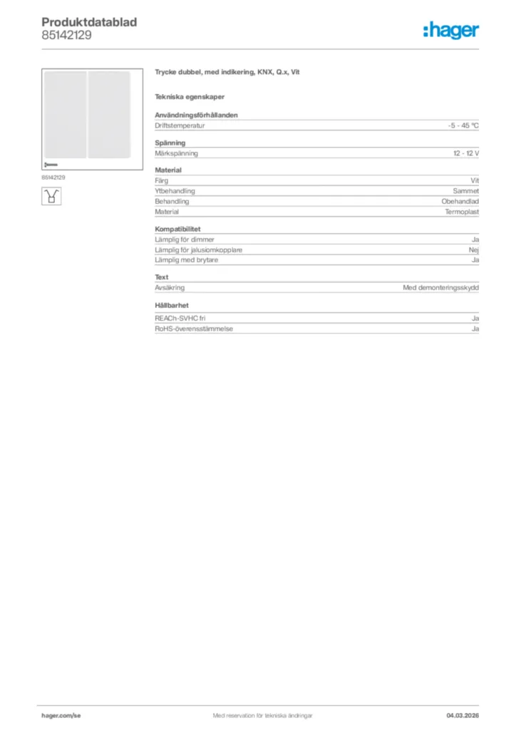 Bild Hager Produktdatablad 85142129 | Hager Sverige