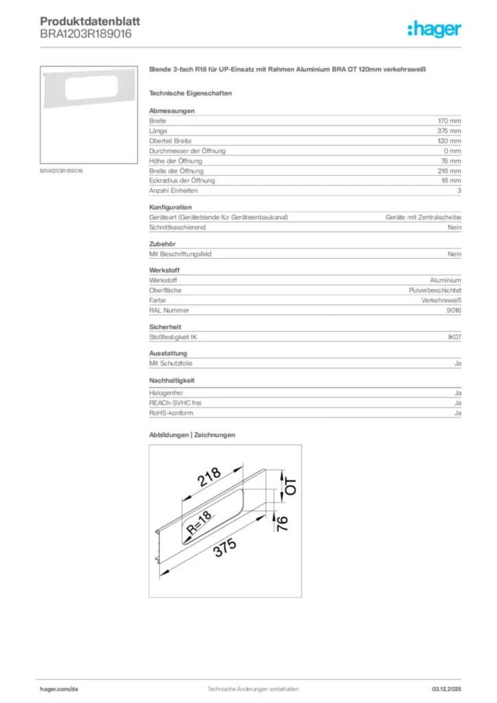 Hager Produktdatenblatt BRA1203R189016