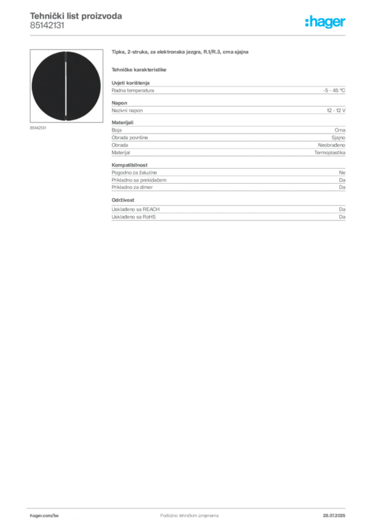 Slika Hager Product data sheet 85142131  | Hager