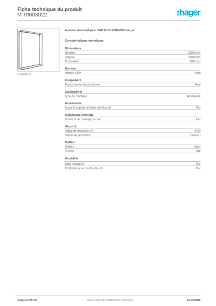 Image Hager Fiche technique du produit M-R1603022 | Hager Suisse