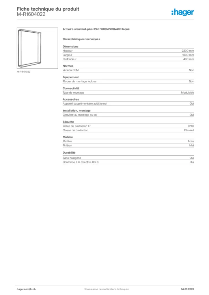 Image Hager Fiche technique du produit M-R1604022 | Hager Suisse