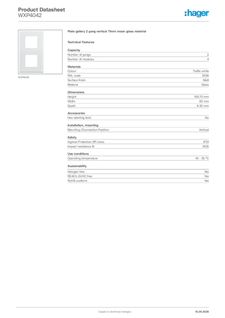 Image Hager Product data sheet WXP4042  | Hager Africa