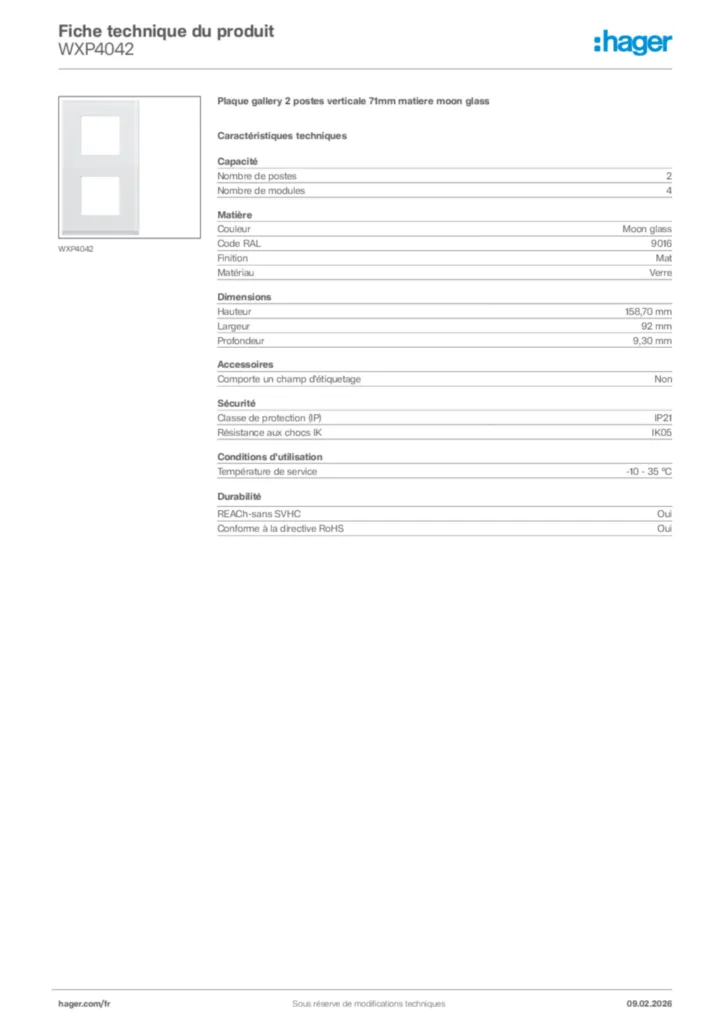 Image Hager Fiche technique du produit WXP4042 | Hager France