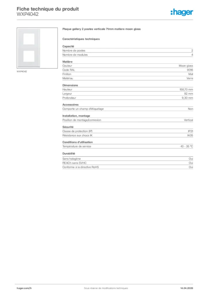 Image Hager Fiche technique du produit WXP4042 | Hager France
