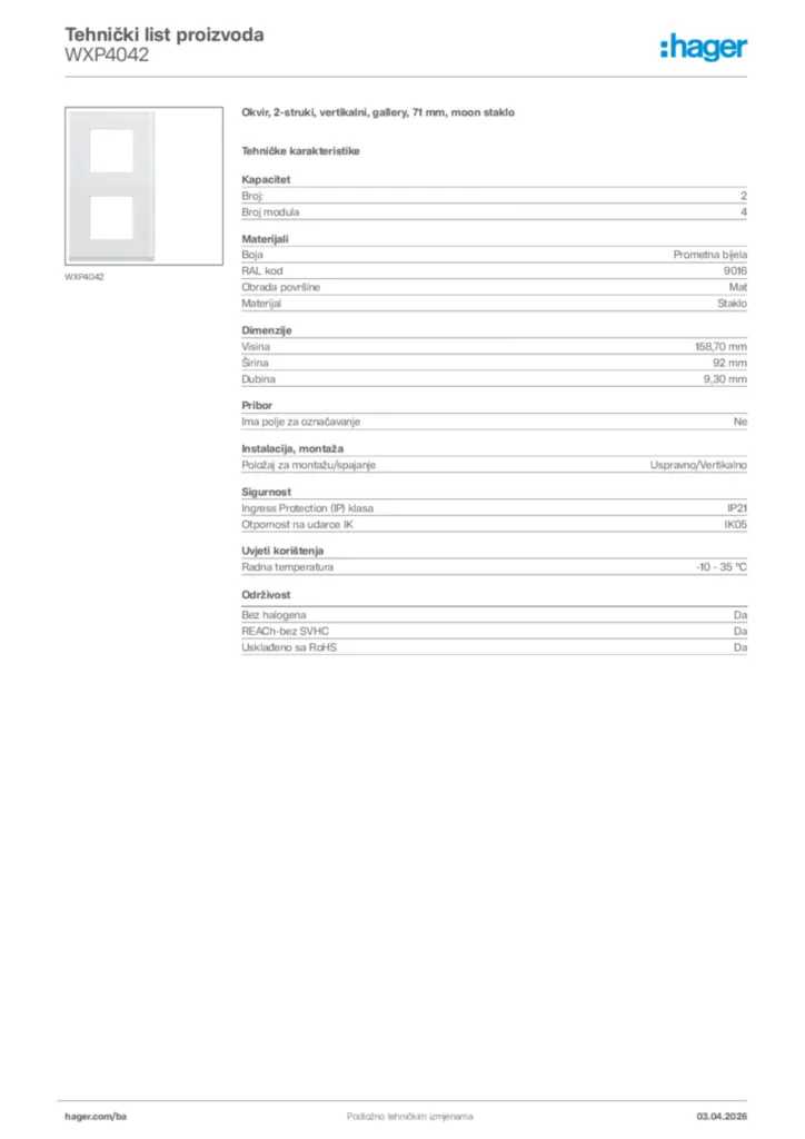 Slika Hager Tehnički list proizvoda WXP4042  | Hager